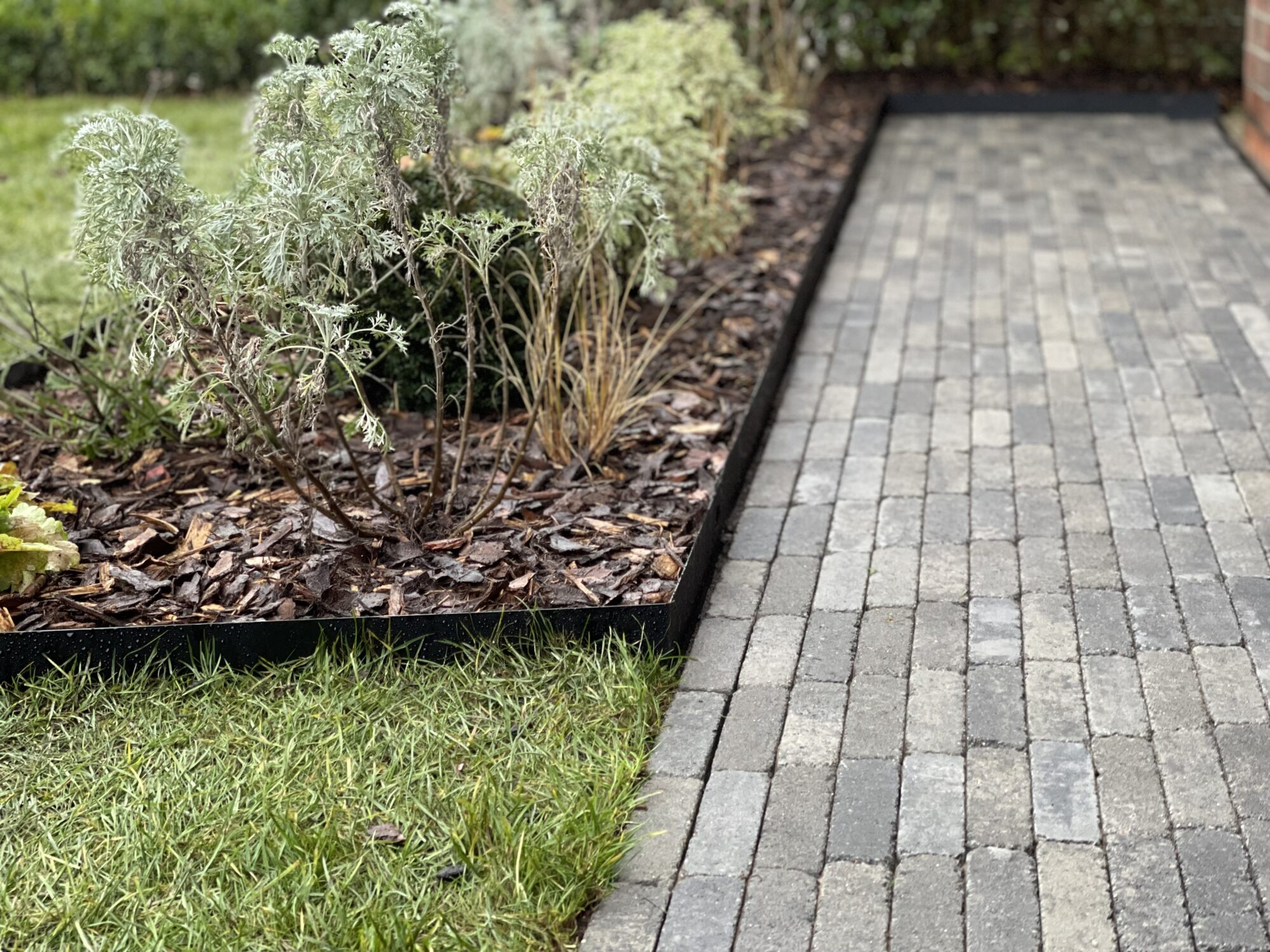 Close-up of black metal garden edging separating a bark mulch flower bed from a paved walkway.