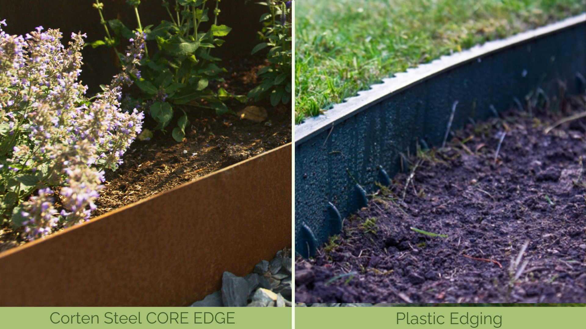 Side-by-side comparison of rusted Corten steel edging and dark green plastic edging in a garden setting.